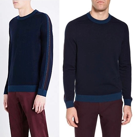 NWT TED BAKER Navy Wool Colorblock Striped Long Sleeve Slim Fit Sweater - Picture 1 of 11